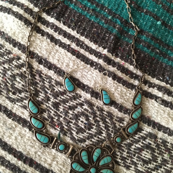 VINTAGE STERLING SILVER TURQUOISE NECKLACE EARRING - Picture 5 of 8